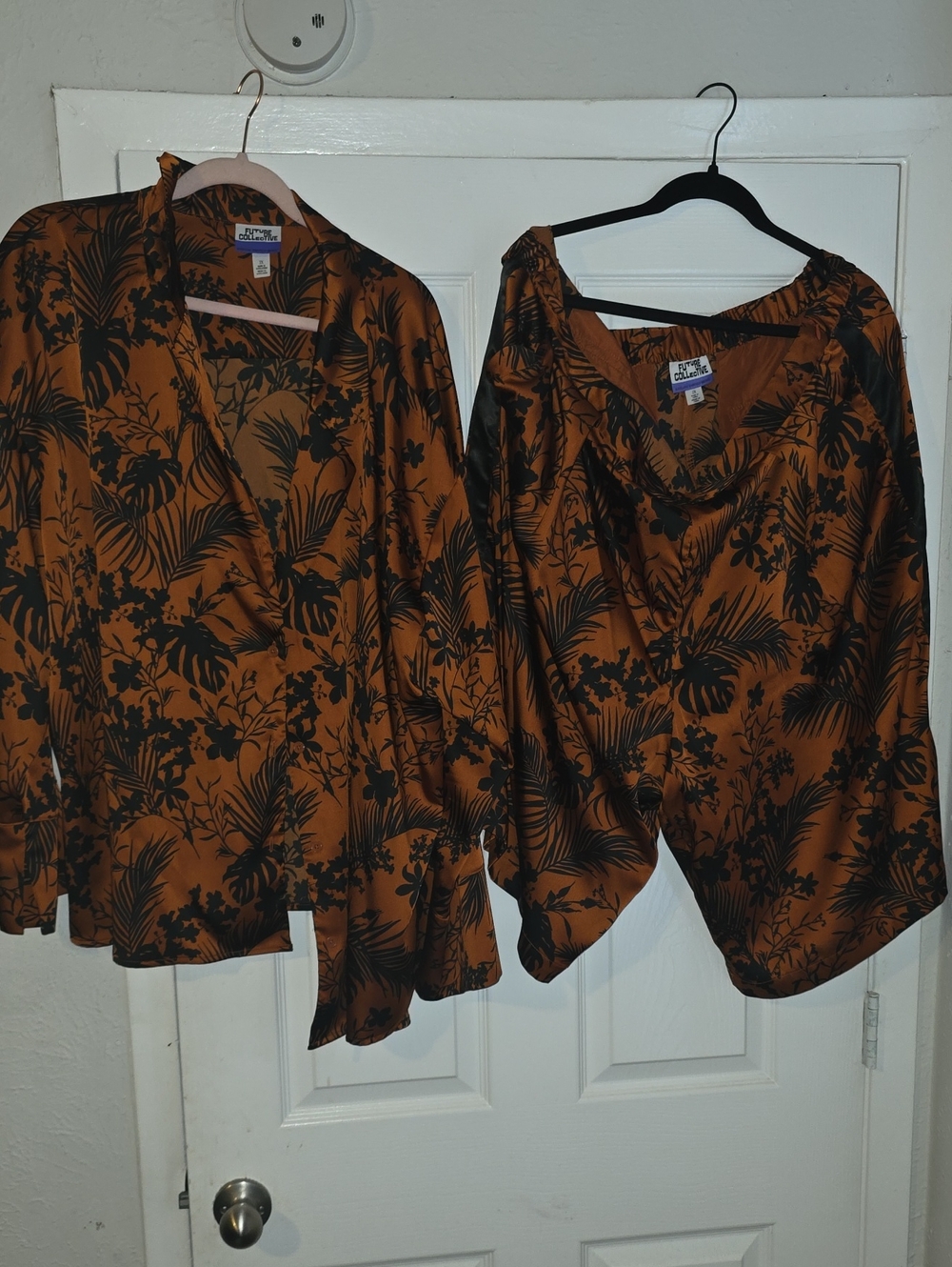 Future Collective Women's Rust Floral Satin Button-Down Top In a 3X and 2X short